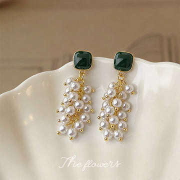 Green Square Stud Pearl Grape Cluster Drop Earrings