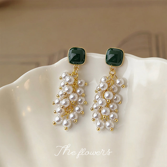 Green Square Stud Pearl Grape Cluster Drop Earrings