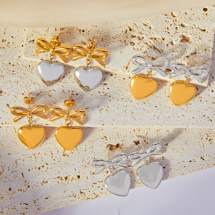 Bow Heart Drop Stud Earrings Gold Steel And Two-Tone