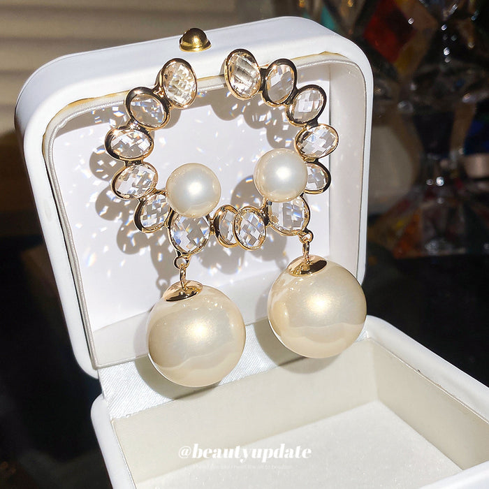 Crystal Wreath Earrings with Large White Bead Drops