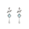 Blue Oval White Pearl Look Silver Floral Dangle Earrings view 5
