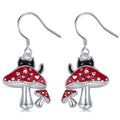 Silver Tone Red Enamel Mushroom Black Cat Drop Earrings view 1