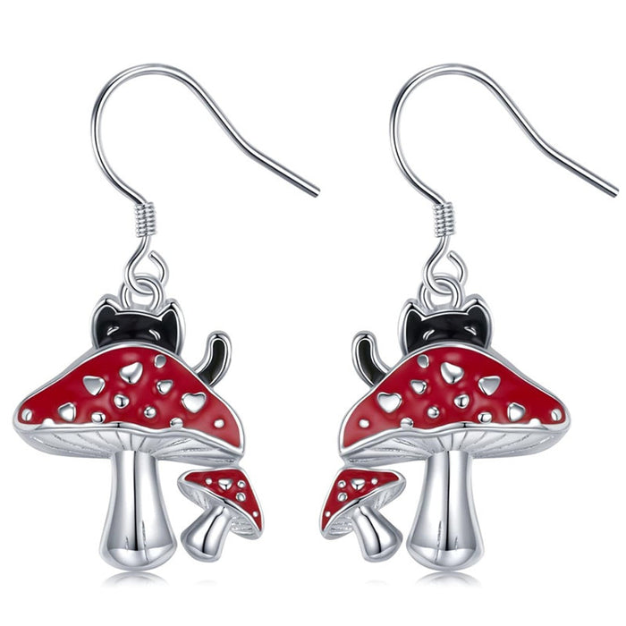 Silver Tone Red Enamel Mushroom Black Cat Drop Earrings