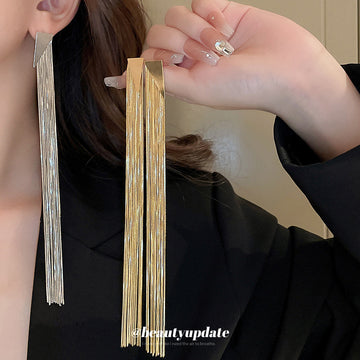 Long Metallic Fringe Earrings in Gold and Silver Tones