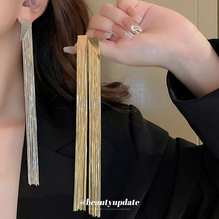 Long Metallic Fringe Earrings in Gold and Silver Tones