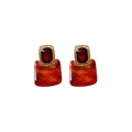 Gold Square Resin Drop Earrings in Amber and Ivory Tones view 5