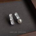 Asymmetric Clear CZ Bar And Pearl Drop Stud Earrings view 3