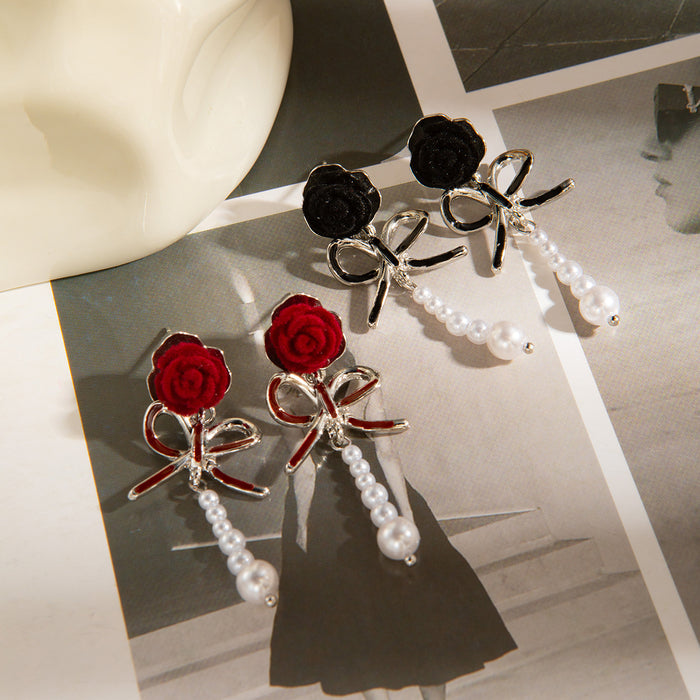 Red and Black Flocked Rose Bow Pearl Look Dangle Earrings
