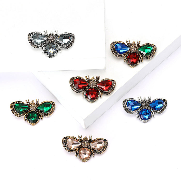 Antique Metal Bee Brooch Faceted Gem Wings Six Colors