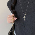 Cross Pendant Necklace with Crystal Drops in Gold and Silver Tones view 3