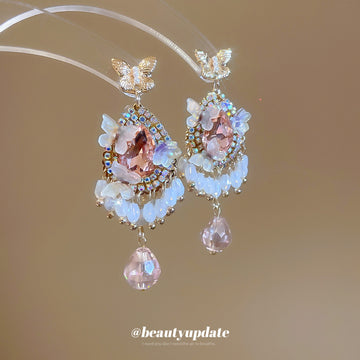 Pink Crystal Chandelier Earrings with Beaded Fringe