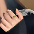 Silver Open Ring Yellow Green Square Stone Crystal Halo view 2