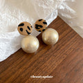 Leopard Print Disc and Champagne Pearl Drop Stud Earrings view 4