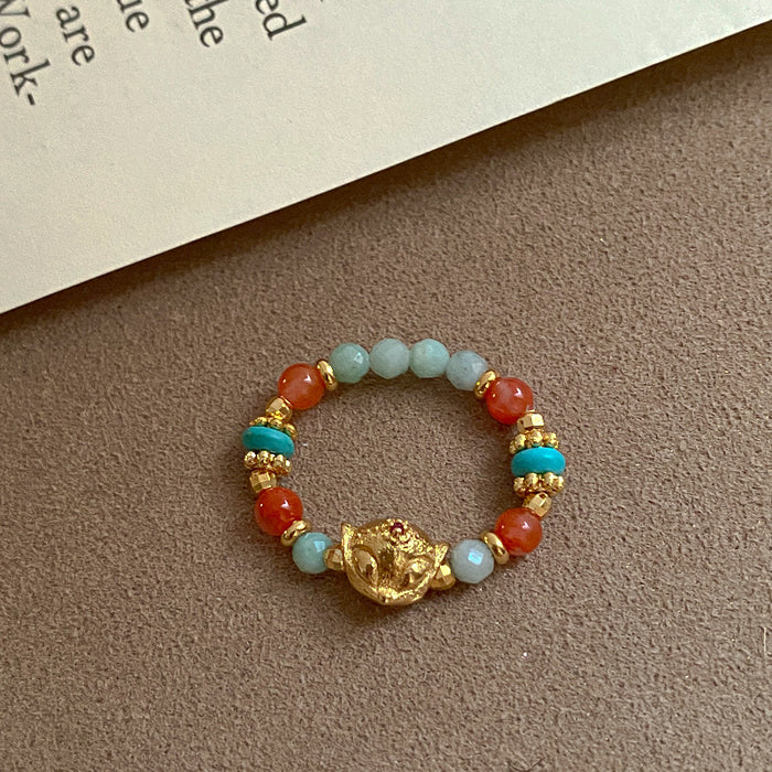Multicolor Bead Stretch Ring Gold Fox Head Charm Accent