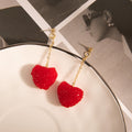 Red Fuzzy Heart Gold Tone Extra Long Chain Earrings view 4