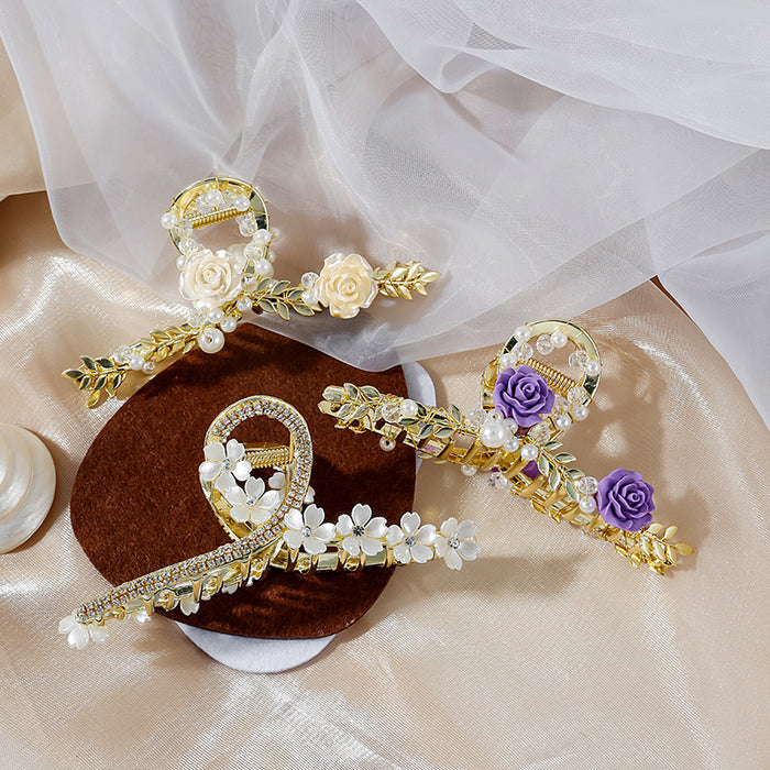Purple Rose Floral Branch Pearl Look Decorative Hair Claw