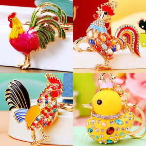Rhinestone Rooster, Hen or Duck Keychain, Gold-Tone Metal with Enamel