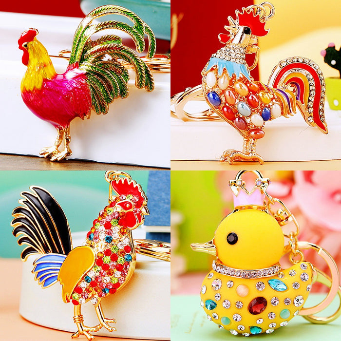 Jeweled Rooster, Hen and Duck Keychains in Eleven Pictured Designs