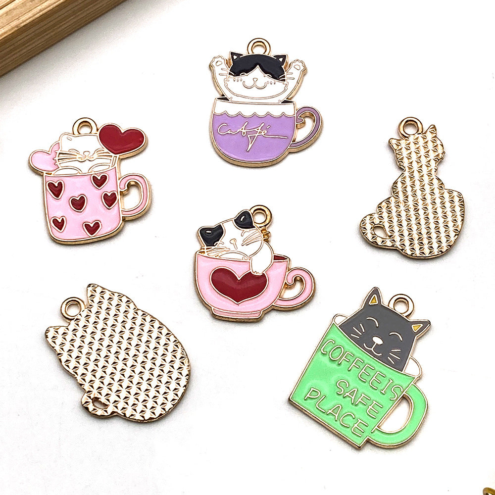 Zinc Alloy Heart Tea Cup Cat charm pendants for DIY earrings necklaces keychains
