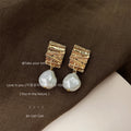 Gold Textured Rectangle Stud Earrings Baroque Pearl Drops view 1