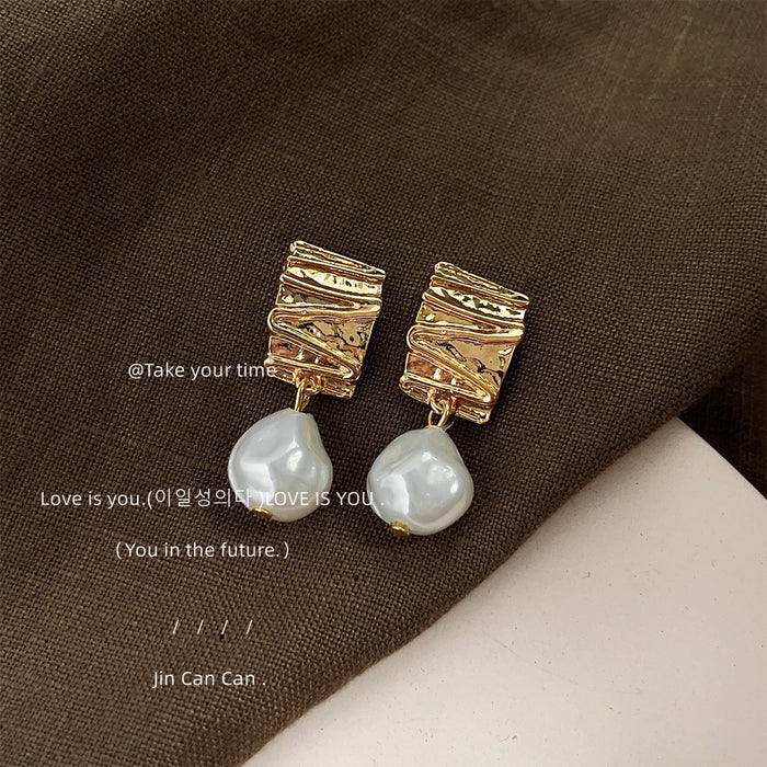 Gold Textured Rectangle Stud Earrings Baroque Pearl Drops