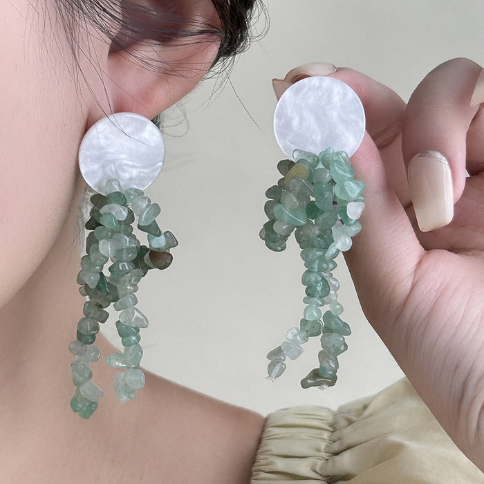 Green Bead Cascade White Disc Statement Stud Earrings