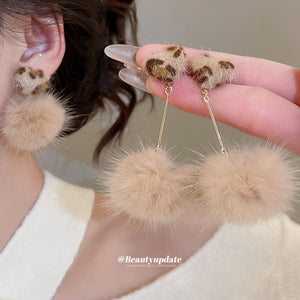 Brown Heart Stud Earrings With Soft Pom Pom Drops For Distinctive Statement Styling