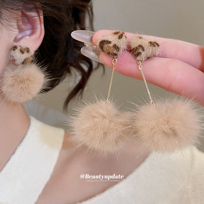 Brown Heart Stud Earrings With Soft Pom Pom Drops For Distinctive Statement Styling