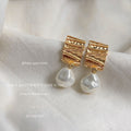 Gold Textured Rectangle Stud Earrings Baroque Pearl Drops view 2