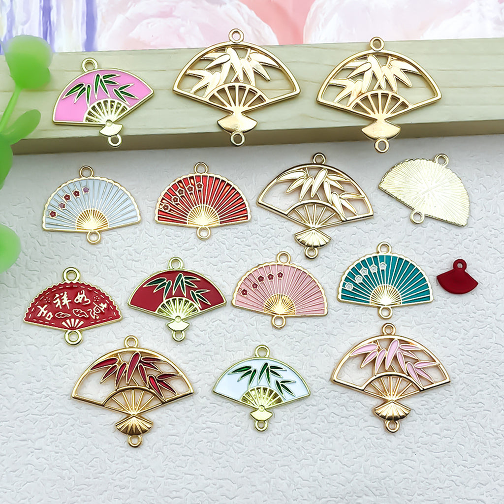 Enamel Zinc Alloy Fan Bamboo Leaf Tassel Charm Pendant for DIY Handmade Jewelry