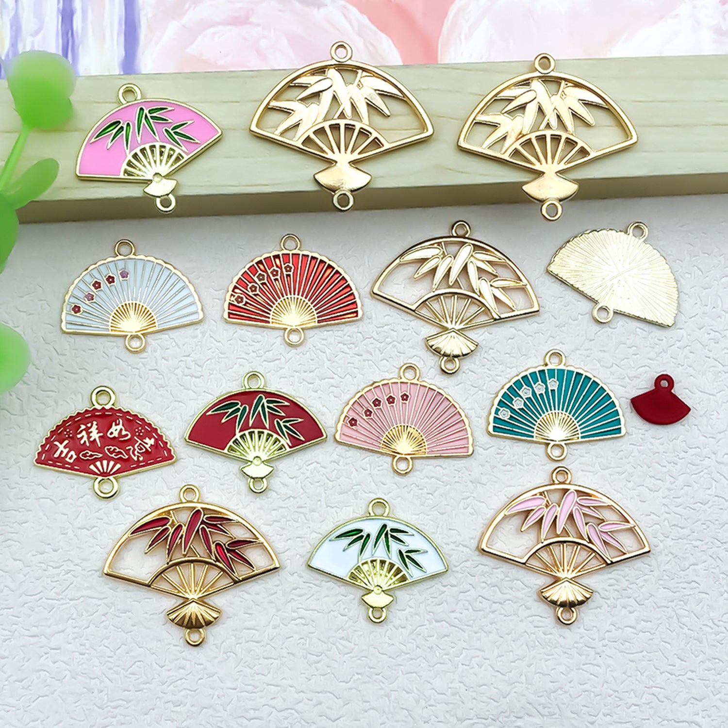Enamel Zinc Alloy Fan Bamboo Leaf Tassel Charm Pendant for DIY Handmade Jewelry