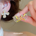 Gold Tone Crystal Flower And Colorful Heart Stud Earrings view 2