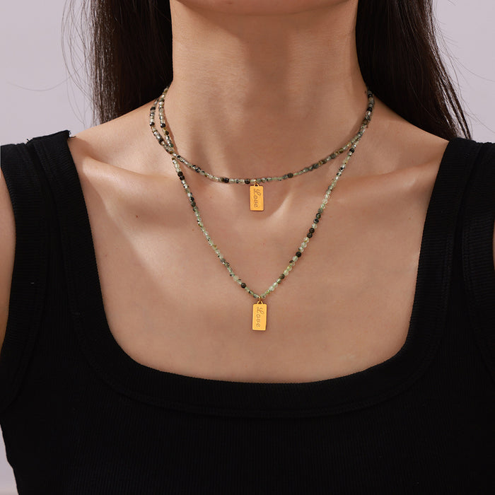 Green Natural Stone Bead Necklace Gold Love Tag Pendant