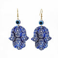 Gold Tone Printed Acrylic Hamsa Hand Evil Eye Hook Earrings in Eleven Designs view 6