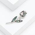 Silver Abalone Shell Rose Stem Rhinestone Brooch Pin view 3