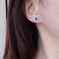 Silver Oval Floral Halo Stud Earrings Clear Blue Pair view 4