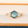 Gold Hexagon Teal Blue Center Triangle Side Stones Ring Alloy view 4