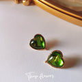 Gold Green Glass Heart Stud Earrings Textured Gold Rim view 3