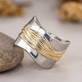 Two Tone Silver Gold Irregular Wide Wire Wrap Ring view 2