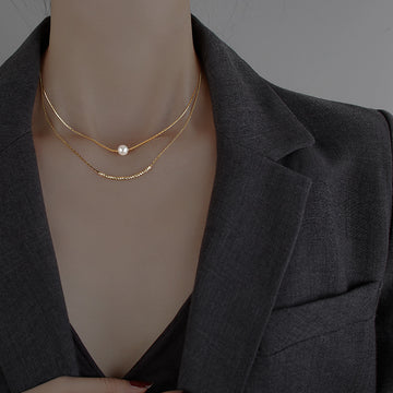 Gold Double Layer Pearl and Twisted Bar Necklace Single Style