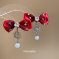 Red Fabric Bow Pearl Choker And Snowflake Drop Earrings view 4