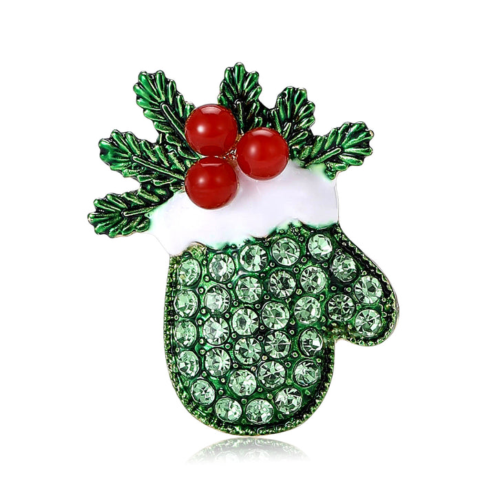 Christmas Mitten Brooch Red or Green Rhinestones Holly