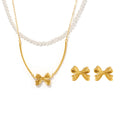 Pearl Strand Bow Bar Necklace And Gold Bow Stud Earrings view 5