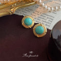 Gold Geometric Turquoise Round Stud Earrings Ribbed view 4