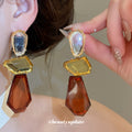 Geometric Resin Drop Earrings in Amber and Teal Blue view 3