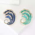Crystal Wave Brooch in Navy or Turquoise Enamel With Pearl view 1