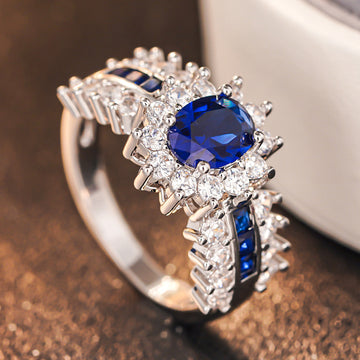Colored Oval Floral Halo Wide Rings In Three Stone Colors