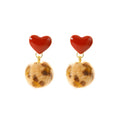 Red Heart Leopard Pattern Fuzzy Ball Dangle Stud Earrings view 4