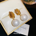 Gold Tone Rectangular Stud Earrings with White Pearls view 4