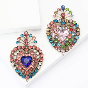 Antique Gold Heart Brooch Rhinestone Frame Pink or Blue Center